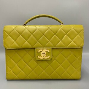 1円 極 美品 シール有 5番台 CHANEL シャネル ターンロック マトラッセ ラムスキン ハンドバッグ ビジネスバッグ A4収納可 イエロー 03513