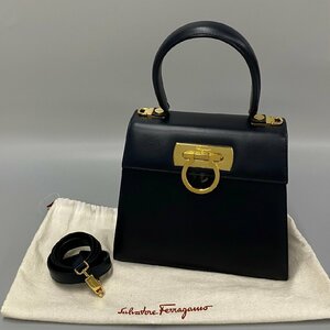 1円 極 美品 袋付き Salvatore Ferragamo サルヴァトーレフェラガモ ガンチーニ 金具 レザー 2way ハンドバッグ ショルダーバッグ 紺 51996