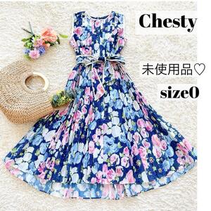 [ unused goods ] Chesty Chesty pleat One-piece floral print navy 0 flower print mi leak height long resort sleeveless no sleeve navy blue 