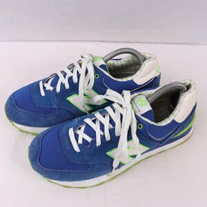 574 ニューバランス 25.5cm/new balance 青 ブルー 黄緑 キミドリ 白 ホワイト 中古 古着 スニーカー ウイメンズ スニーカー yy3122