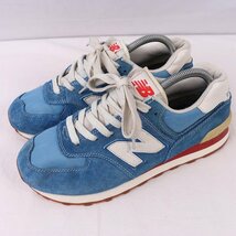 574 ニューバランス 25.0cm/New Balance 青 ブルー 白 オレンジ 中古 古着 スニーカー メンズ レディース yy8974_画像1