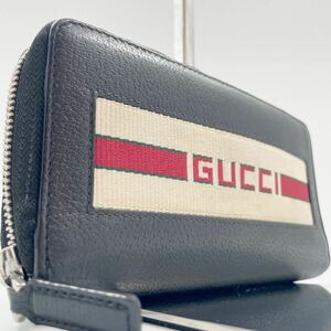 【入手困難 極美品】グッチ GUCCI 長財布 ニューウェブ クルーズコレクション オーガナイザー ラウンドファスナー レザー ロゴ 黒 メンズ