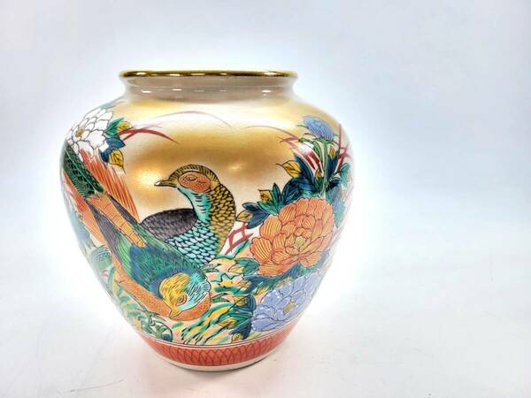 【蔵出し品】九谷焼 金彩花鳥瓶　九谷松園　花瓶　花入れ　茶道具　在銘