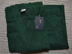 岡山 井原 日本製 藍の里 刺し子作務衣 上下セット LLサイズ グリーン 最高級 和装 和服 甚平 法衣 袈裟 仏教 装束 仏具 威儀 職人 倉敷 