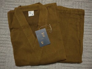 岡山 井原 日本製 藍の里 刺し子作務衣 上下セット LLサイズ マスタード 最高級 和装 和服 甚平 法衣 袈裟 仏教 装束 仏具 威儀 職人 倉敷