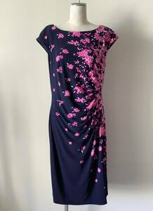 ANNE KLEINアンクライン新品14♪Navy-Pinkfloフローラルストレッチジャージー素材ワンピース