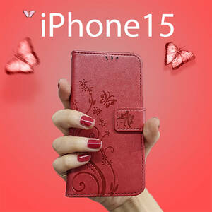 iPhone15 ケース 手帳型 お洒落 レッド 赤 赤色 iPhone 15 カバー iPhoneケース シンプル アイフォン15 アイホン15 スマホケース 送料無料