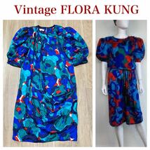 ★送料360円★80s ビンテージ FLORA KUNG 半袖 ワンピース シルク100% 絹 総柄 青 ブルー系 レディース ドレス 膝下丈 ヴィンテージ R-5760_画像1