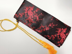 D03　剣袋　刀袋　梅図　黒赤色　絹　刀装具　日本刀道具