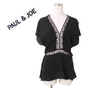 新品 PAUL & JOE 定価56,000円 FJILL TOP レース切替 シルク ブラウス size1 ブラック ポール＆ジョー