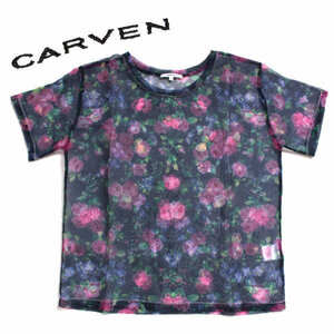 CARVEN ローズシースルーTシャツ sizeL ネイビー系 カルヴェン 半袖 クルーネック フラワー レディース