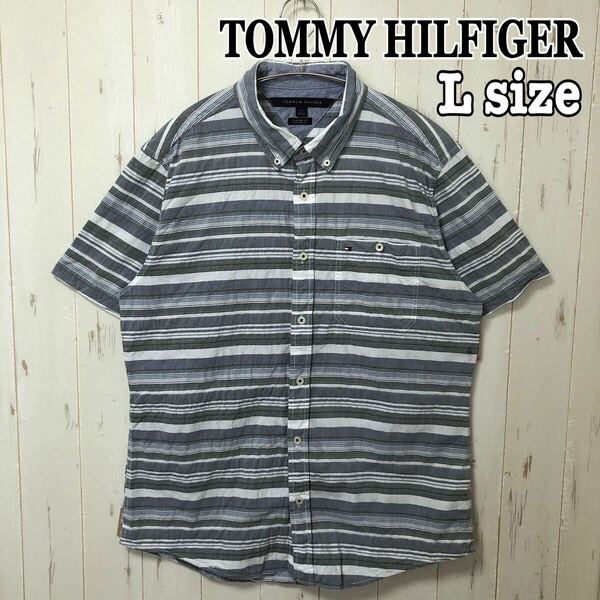 TOMMY HILFIGER トミーヒルフィガー 半袖シャツ ボーダー Lサイズ BDシャツ ボタンダウンシャツ ビッグシルエット 輸入 海外古着 グレー