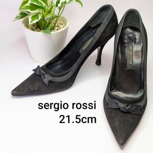 1円~【極美品】sergio rossi セルジオロッシ パンプス ヒール ブラック 黒 34 1/2 21.5cm ポインテッドトゥ スエード ほぼ未使用