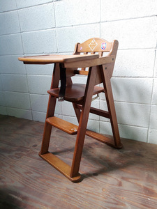 ◇ベビーチェア/チャイルドフッド 木製 テーブル付きハイチェア 子供椅子 飾り棚 昭和レトロ ヴィンテージ家具 インテリア
