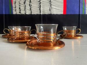 [8884]2客セット 真鍮 銅 カップ ソーサー brass copper ガラス ヴィンテージ ビンテージ コーヒーカップ