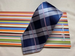 Paul Smith ポールスミスMade in Italy ネクタイ濃紺ピンクチェック柄シルク100