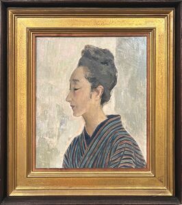 【FCP】 真作保証 深沢紅子 油彩画１０号 「吉田勝江さんの像 しまのきもの」1957年作 一水会常任委員 東京国立近代美術館等作品所蔵