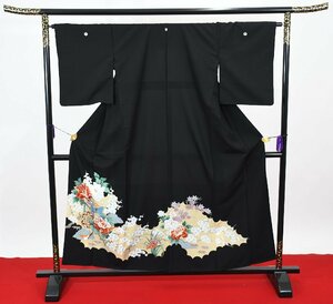 黒留袖 洗える着物 結婚式 五つ紋 枝花 源氏雲取 家紋 身丈152.5cm 裄丈64.7cm ★着物 e-894 桜庭呉服店