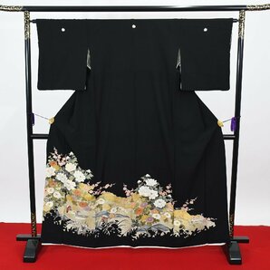 黒留袖 結婚式 五つ紋 花 家紋 身丈156cm 裄丈64cm ★着物 e-884 桜庭呉服店の画像1