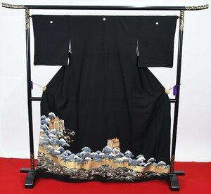 黒留袖 結婚式 五つ紋 家紋 御所車 老松 身丈162cm 裄丈66.5cm ★着物 e-898 桜庭呉服店