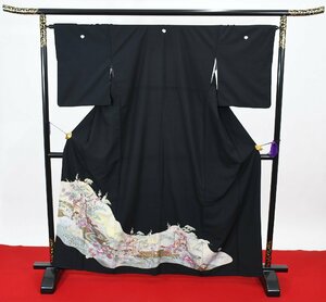 黒留袖 結婚式 五つ紋 御所車 家紋 身丈158cm 裄丈65.5cm ★着物 e-938 桜庭呉服店