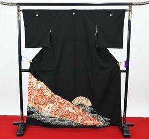 黒留袖 結婚式 五つ紋 扇花 家紋 身丈155cm 裄丈65cm ★着物 e-881 桜庭呉服店