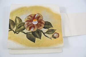 Art hand Auction Nagoya Obi Shiose Hand-painted Camellia Signature Obi Length 372cm ★Kimono Shop ne-8382 Sakuraba Kimono Store, band, Nagoya obi, Tailored