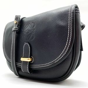 1円【極上品】LOEWE ロエベ ショルダーバッグ アナグラム ロゴ型押し トート ゴールド金具 ステッチ フラップ レザー ブラック レディ