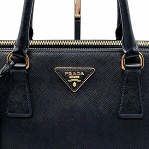 1円【現行品】PRADA プラダ 2way ショルダーバッグ ハンド トート ガレリア 三角プレート サフィアーノレザー ブラック ゴールド金具 黒色の画像9