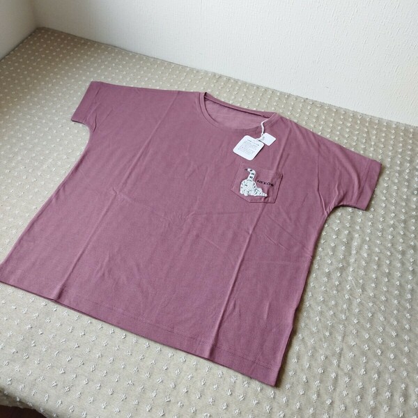 未使用 タグ付 もこもこ 刺繍 Tシャツ 半袖 L 洗濯機洗い ローズ 猫 胸ポケット●色柄size違い有●ネコポス 送料無料