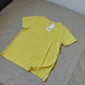 1点のみ●未使用 タグ ユニクロ UNIQLO エアリズム メッシュ クルーネック Tシャツ S レディース 半袖 yellow サラサラ薄手● 送料無料