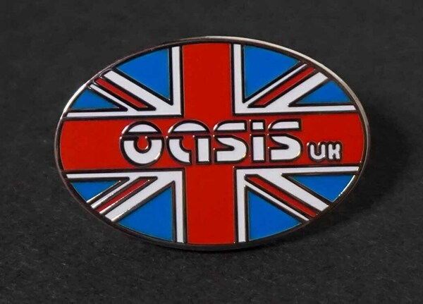 《楕円OS英国旗》新品『oasis オアシス』■UK ユニオンジャック イギリス バント■collectionピンバッジ バッチ■ロックバンド.Music　音楽