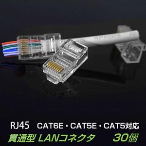 貫通型 LANコネクタ 30個セット RJ45 CAT6E CAT5E CAT5 LANケーブル用 配線簡単 爪折れにくい 