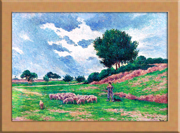 羊飼いと羊の群れのいる風景画 A4 フランス