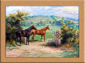 Art hand Auction 马牧场风景画 A4 英国, 绘画, 油画, 动物画
