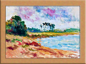 Art hand Auction Lake landscape painting A4 France, Painting, Oil painting, Nature, Landscape painting