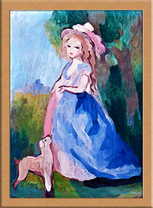 Art hand Auction 女性と犬 A3 フランス, 絵画, 水彩, 人物画