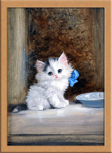 Art hand Auction 青いリボンの子猫 A4 ドイツ, 絵画, 油彩, 動物画