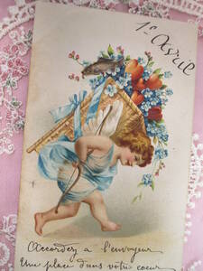 可愛い天使の贈り物　アンティークポストカード 　No1806