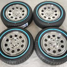 新品 デイトナ 13-4.5J＋40 4-100 クローム タイヤ付4本SET 165/65R13 ホワイトリボン バモス エブリイ NVAN (W2467-LL2)_画像1