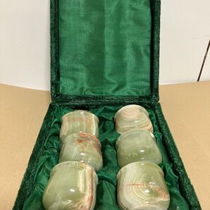 青玉杯 石杯 瑪瑙 盃 アンティーク盃 6客 ヴィンテージオニックス 中国美術 酒器 天然石 ぐい呑み オニキス アンティーク