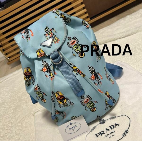 限定品！PRADA プラダ　三角メタル　ロボットシリーズ　リュック巾着　リュック　ブルー