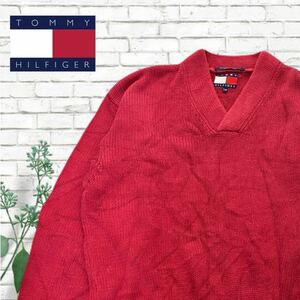 A-176★TOMMY HILFIGER トミーヒルフィガー★レッド赤色 ケーブル編み 厚地 Vネック ニット セーター XL