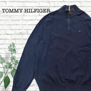 A-220★TOMMY HILFIGER トミーヒルフィガー★ネイビー紺色 ロゴ刺繍 ハーフジップ ニット セーター M