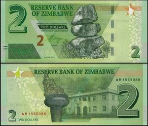 (B-1204) ジンバブエ　2ドル紙幣　2019年