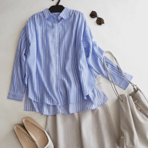 新品■アメリカンホリック■羽織りにも！軽く柔らか ストライプ柄ショルダーギャザーシャツ ブルーLの画像1