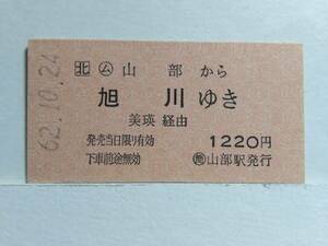 ●JR北海道●A型●赤地紋●(ム)山部から旭川ゆき●1220円●S62年●