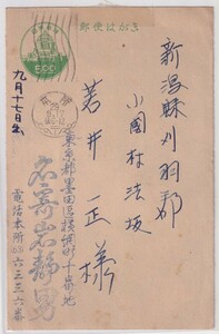 大相撲　名寄岩静男/立浪部屋/大関　ペン書葉書　議5円　キ/本所.29.9.17