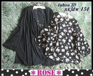 ◆Rose◇2L・大人フェミニン 嬉しい2点set・ばらプリントのシフォンブラウス×トッパーカーデ/黒×黒