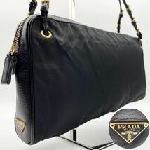 美品 PRADA プラダ アクセサリーポーチ ショルダーバッグ レザー 本革 シボ革 ナイロン 三角ロゴ 黒 ブラック ゴールド金具 肩掛け_画像1